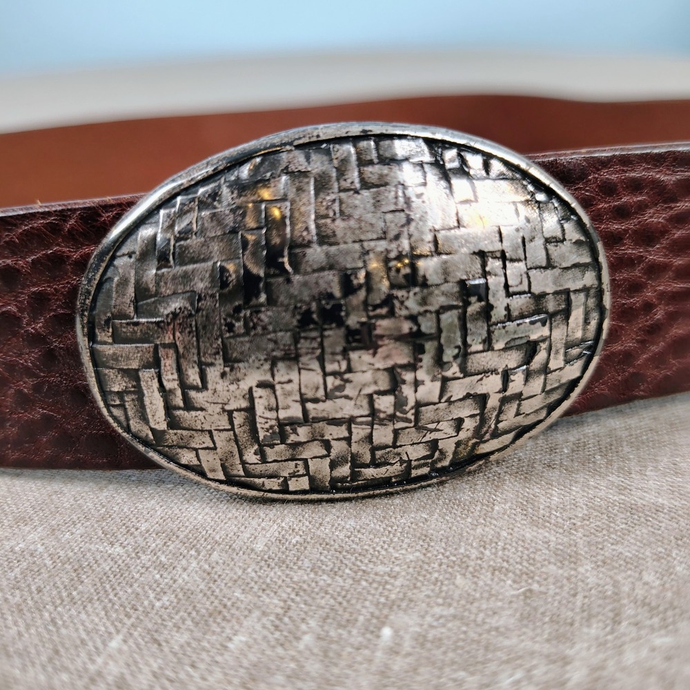 Womens SZ M Ibel Italy Leather Belt Brown Silver Basketweave Buckle Boho SZ M - Picture 2 of 11